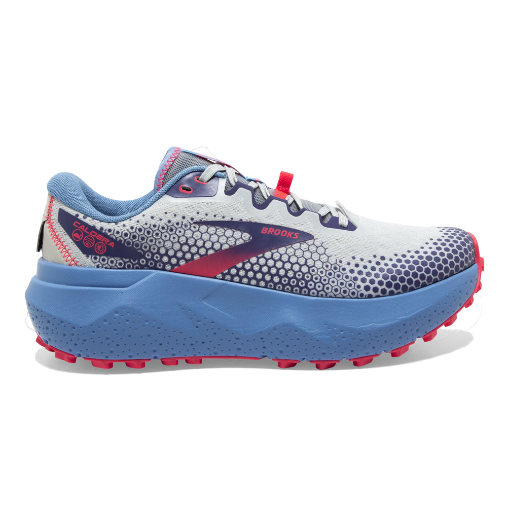 Women's Brooks Caldera 6, Oyster/Blissful Blue/Pink, 8 B Medium