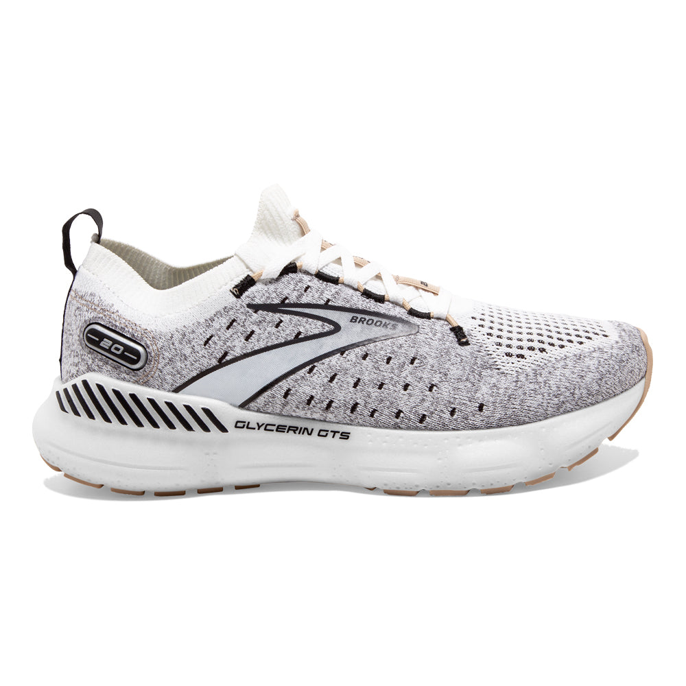 Women's Brooks Glycerin StealthFit GTS 20, White/Black/Cream, 8.5 B Medium