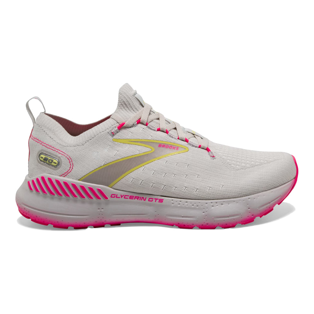Women's Brooks Glycerin StealthFit GTS 20, Grey/Yellow/Pink, 11.5 B Medium